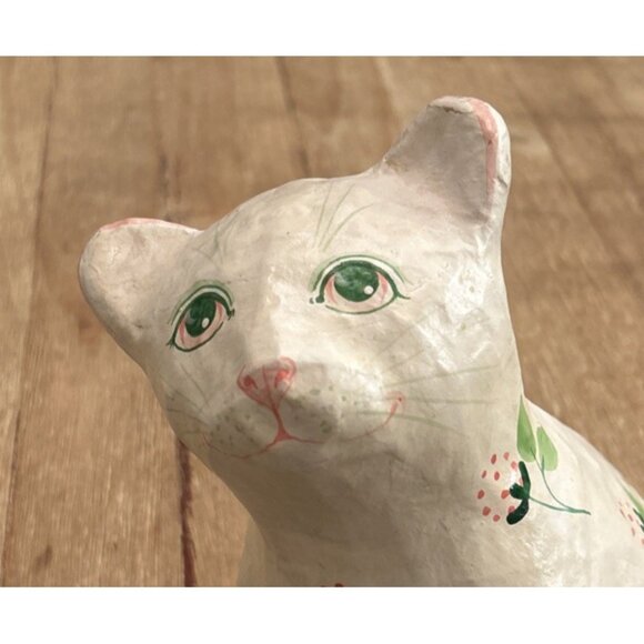 Vintage Paper Mache Hand Painted Cat Shafford Ivory Pink Floral Cottage Girly - Picture 2 of 5